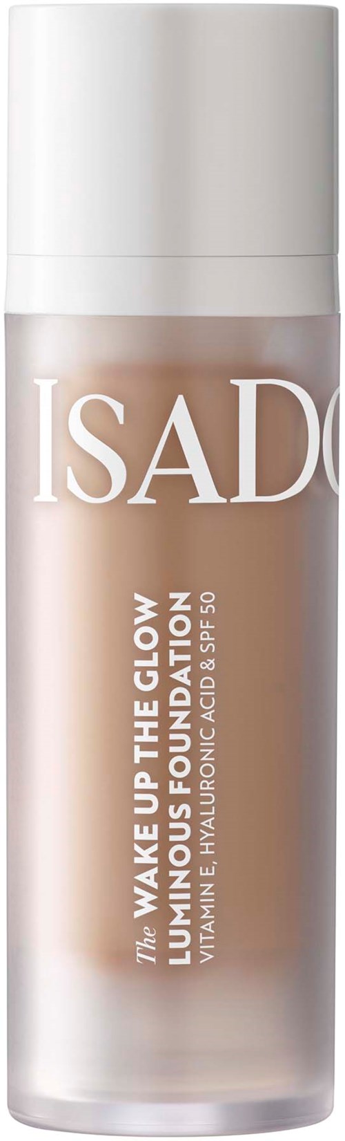Ein Hautpflegeflasche mit der Marke 'ISADORE' und dem Produktnamen 'Wake Up The Glow Clumping Foundation.'