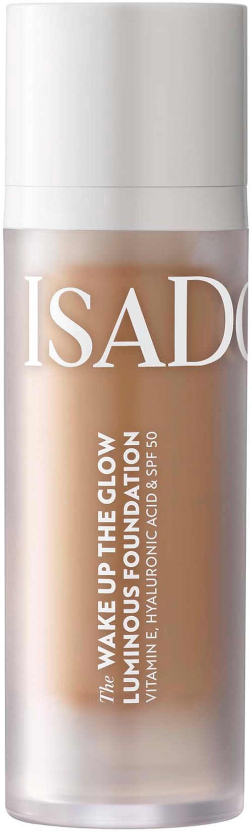 Eine Flasche von Isaderm Hautpflegeprodukt für aufhellen und befeuchten mit Sonnenschutz. Weißer Deckel, transparenter Körper, beige Flüssigkeit.