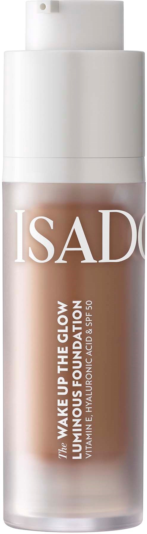 A bottle of Isadore Wake Up The Glow. It is a luminous foundation with vitamin E and ALA, in a pump bottle.
