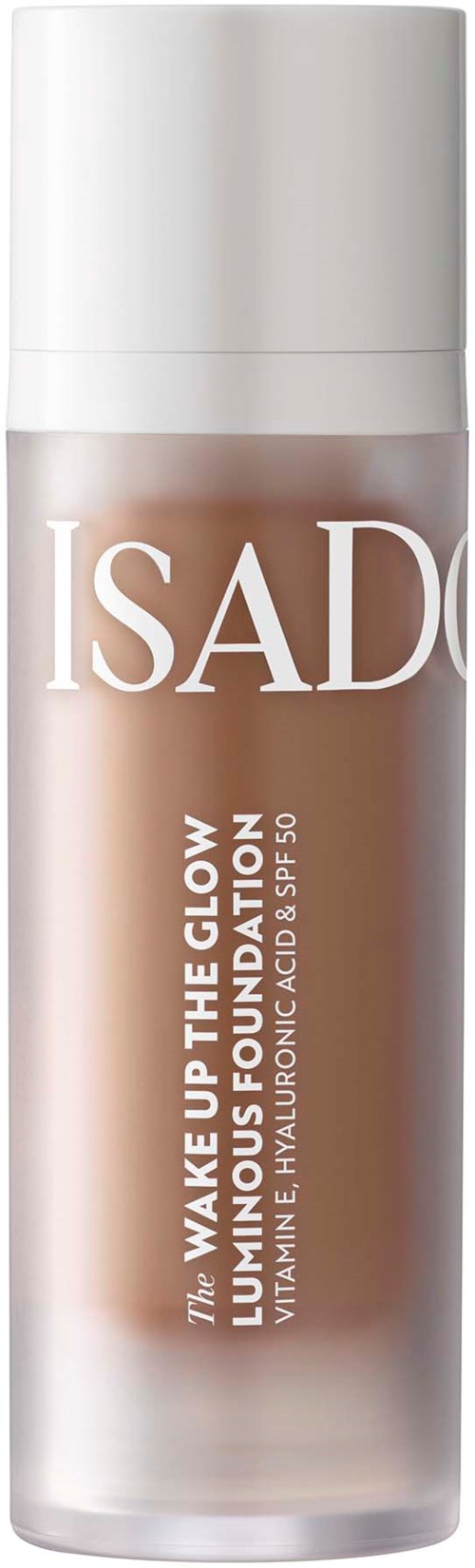A bottle of ISADORE skincare with a white cap and pump, peach-colored liquid inside, and text on the label.