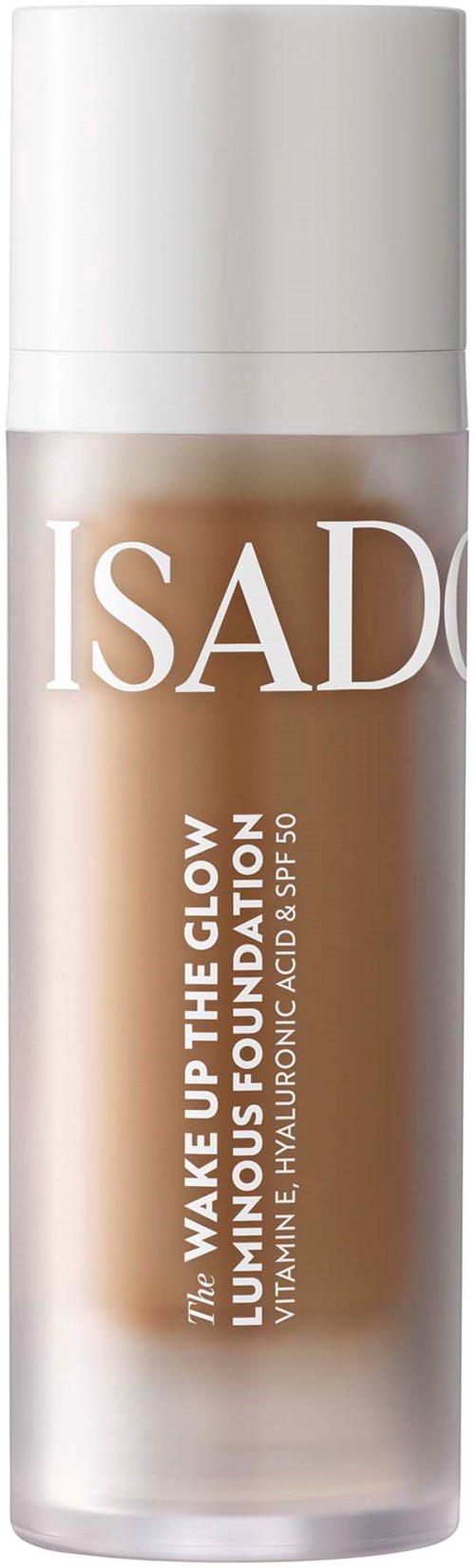 A bottle of Isdin skincare product called 'Wake Up The Glow' for glowing skin with vitamin E and hyaluronic acid.