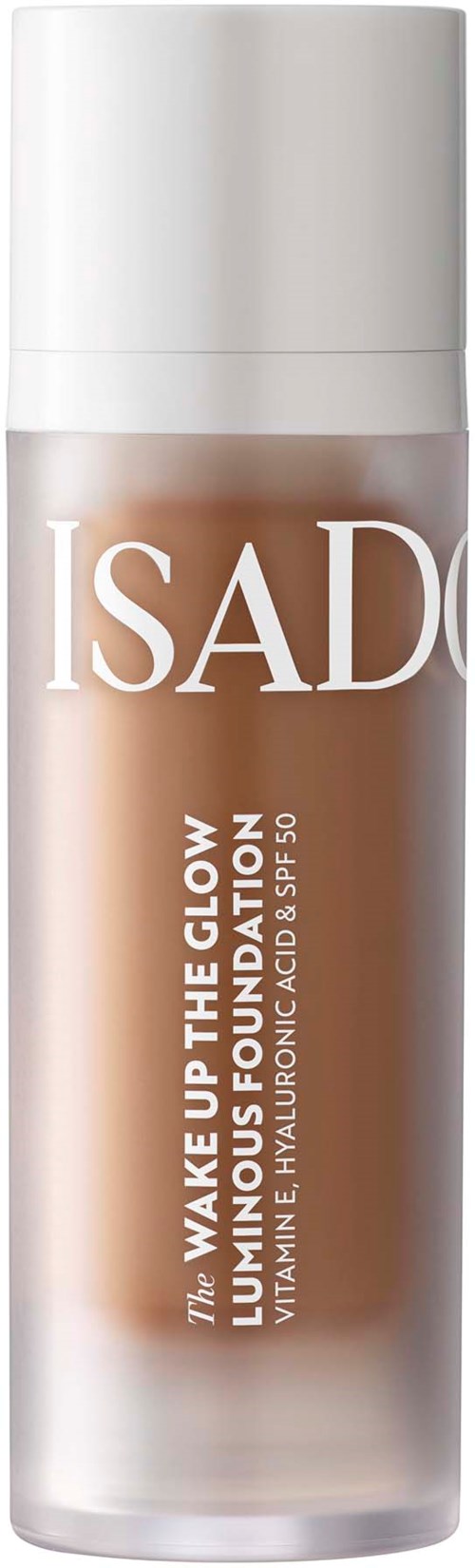 Eine Flasche Isadore aufhellendes Make-up mit weißem Deckel und beiger Flüssigkeit.