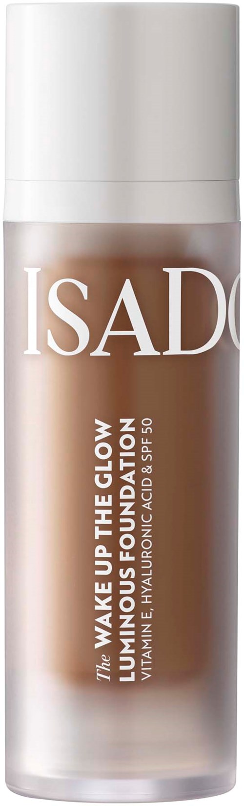 Ein Hautpflegeflasche mit weißem Deckel und beiger Flüssigkeit, beschriftet IsaD Wake Up The Glow aufhellendes Make-up.