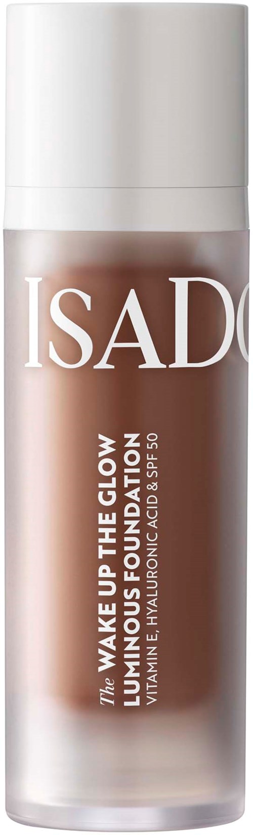 A skincare product bottle labeled 'ISADORA' with text about glowing up and sun protection.