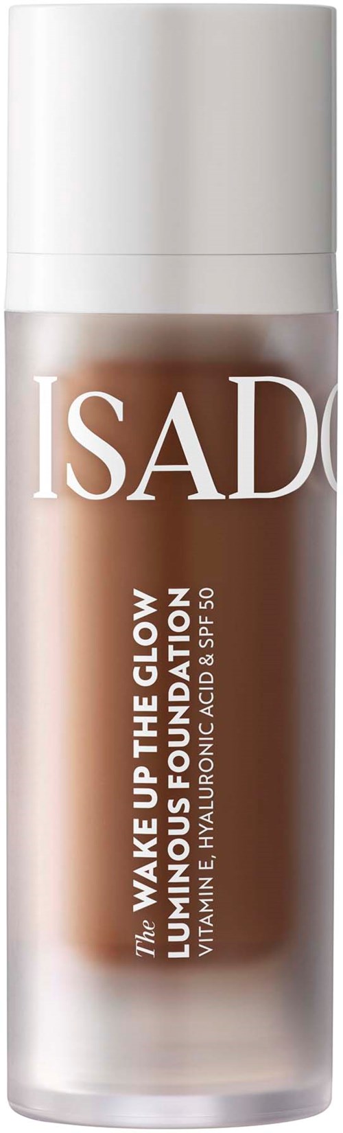 Eine Flasche mit Hautpflegeprodukt, weißer Deckel, Etikett liest "ISAD" und "Wake Up the Glow."