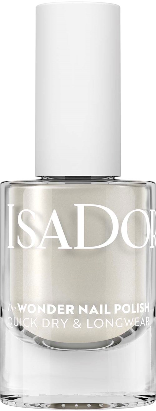 A clear bottle of Isadora Wonder Nail Polish with a white cap, labeled for quick dry, long wear.