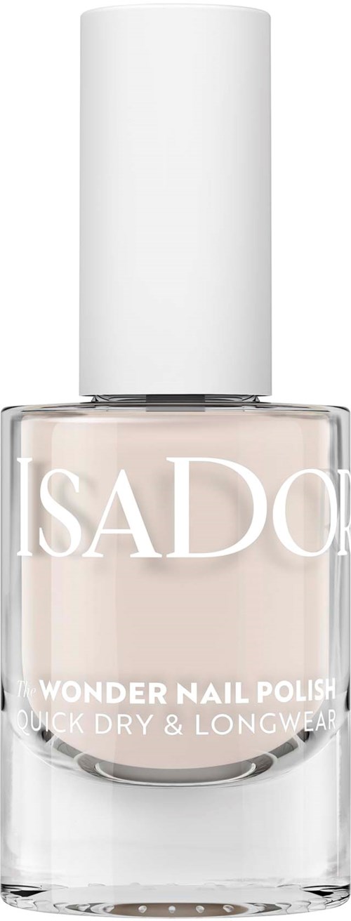 Eine transparente Nagellackflasche mit weißem Deckel und den Worten "SADO Wonder Nail Polish" auf der Vorderseite.