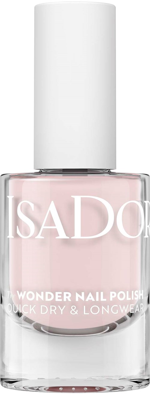 A bottle of SADO Wonder Nail Polish, light pink color, with a white cap. The label says quick dry and longwear.