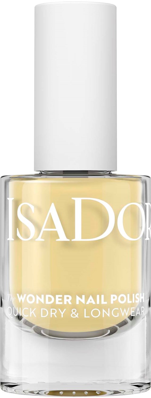 A bottle of SADO Wonder Nail Polish, yellow color, with a white cap, labeled as quick-dry and longwear.