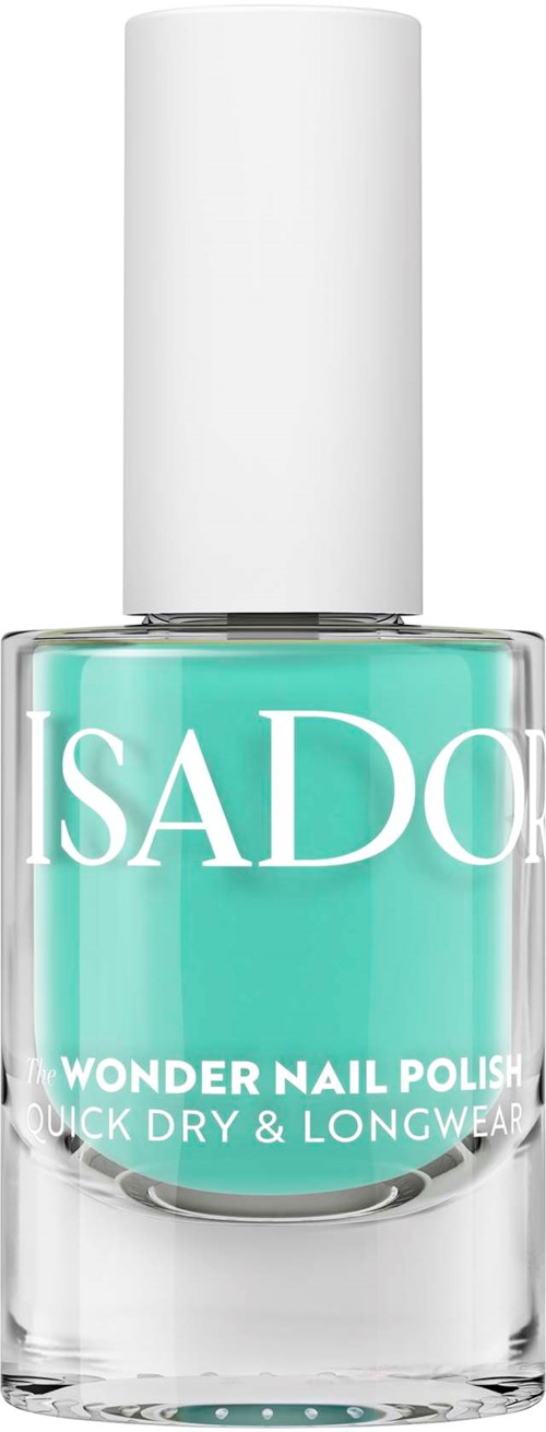 A bottle of turquoise nail polish from ISADORE, labeled Wonder Nail Polish, quick dry and long wear.