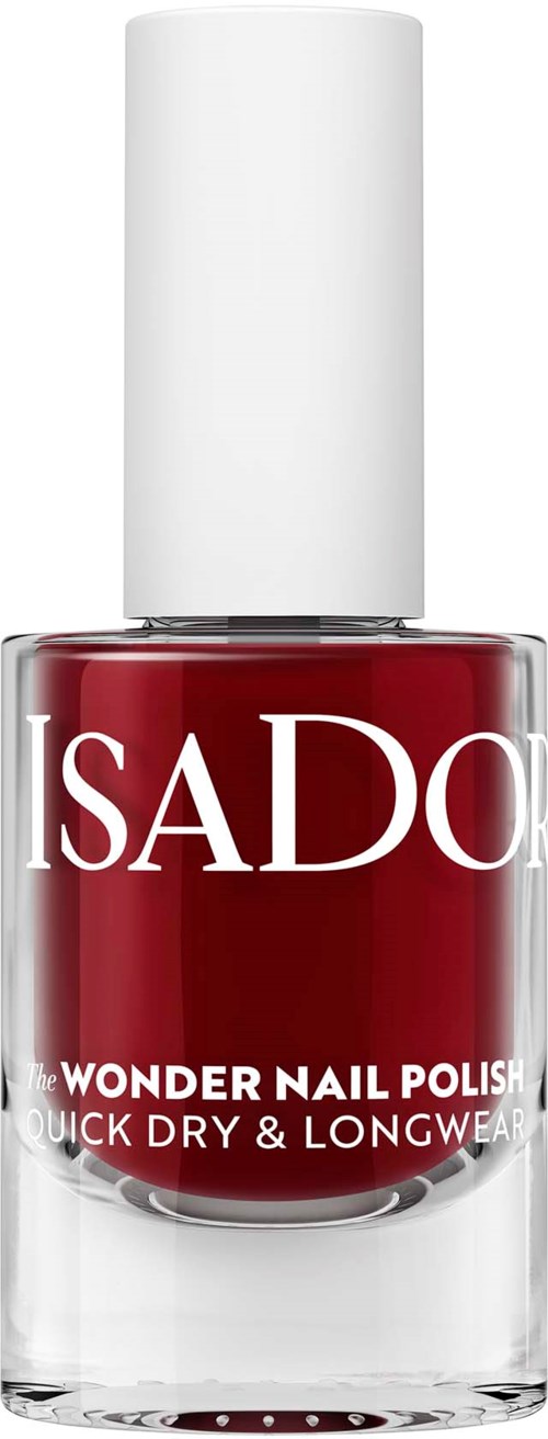 A red nail polish bottle with white cap and the brand name SADO on the front.