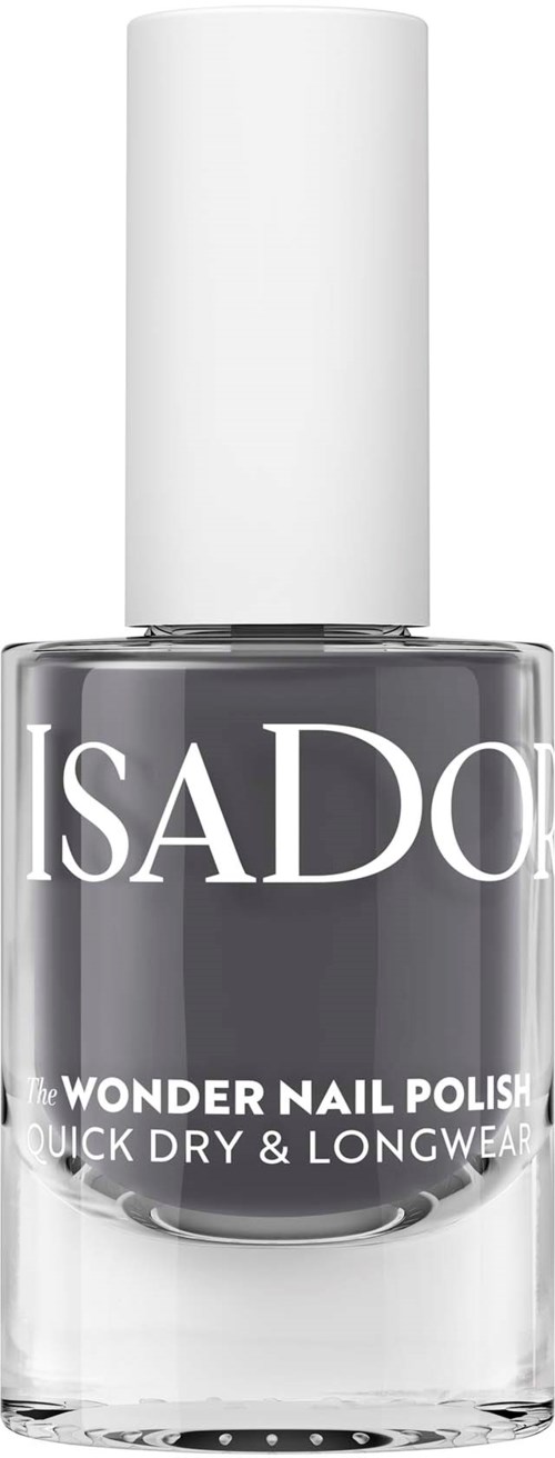 A bottle of dark grey nail polish with a white cap and label, showing the brand ISADORA and product info.