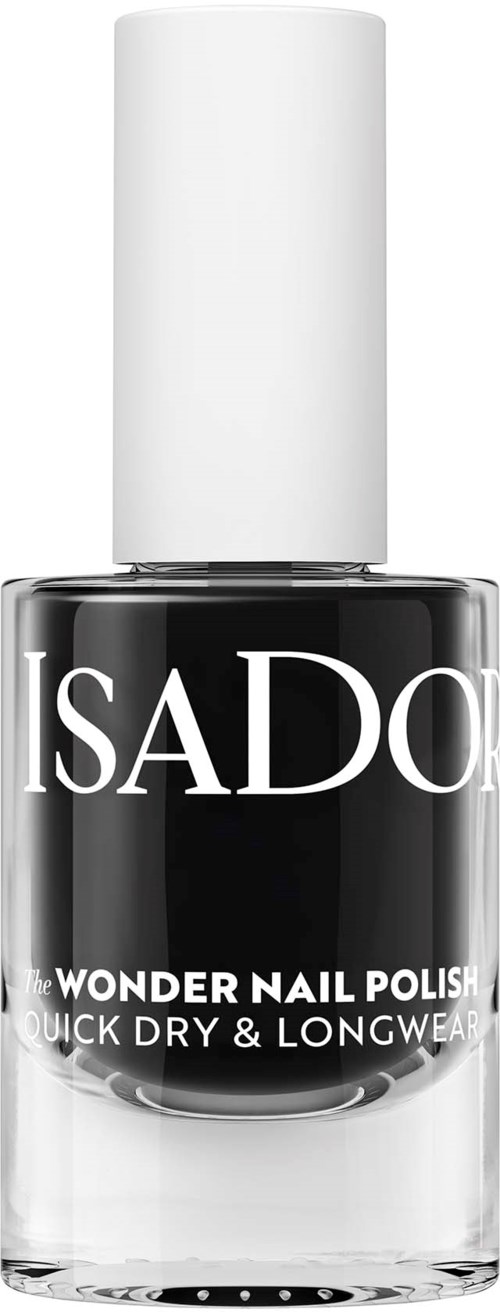 A black nail polish bottle with white cap, labeled Isadora Wonder Nail Polish, quick dry, longwear.