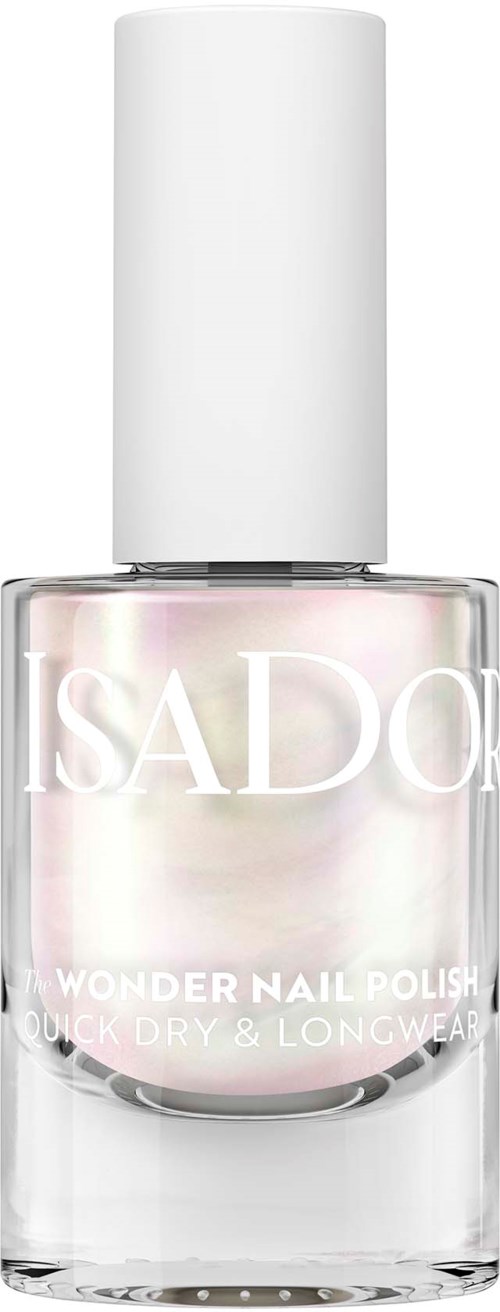 A bottle of SADO Wonder Nail Polish, white cap, clear polish inside, smooth and shiny surface.