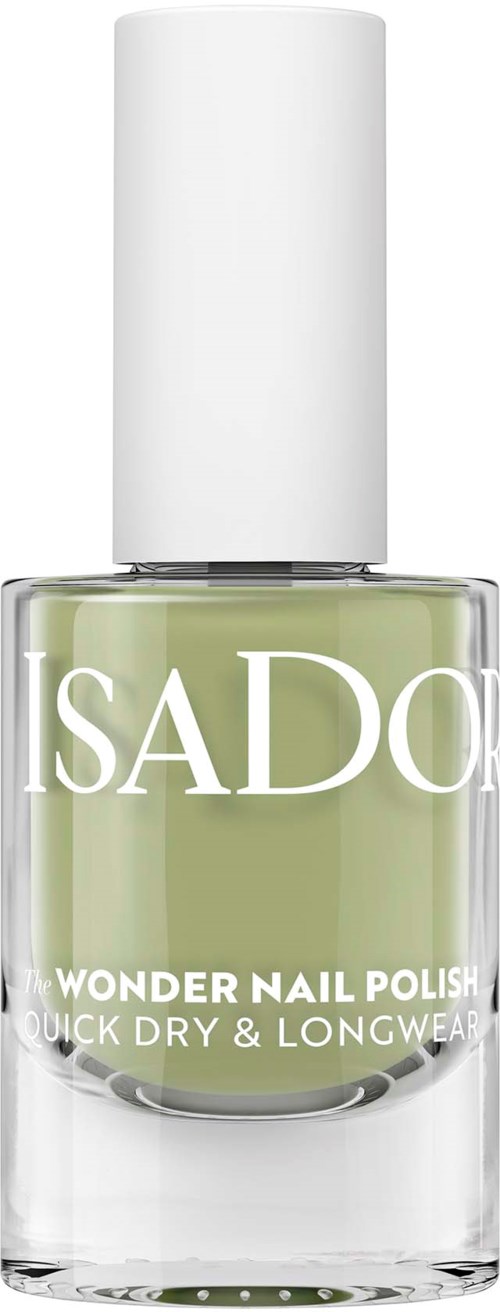 A bottle of SADO Wonder Nail Polish with light green color. It says quick dry, longwear on the label.