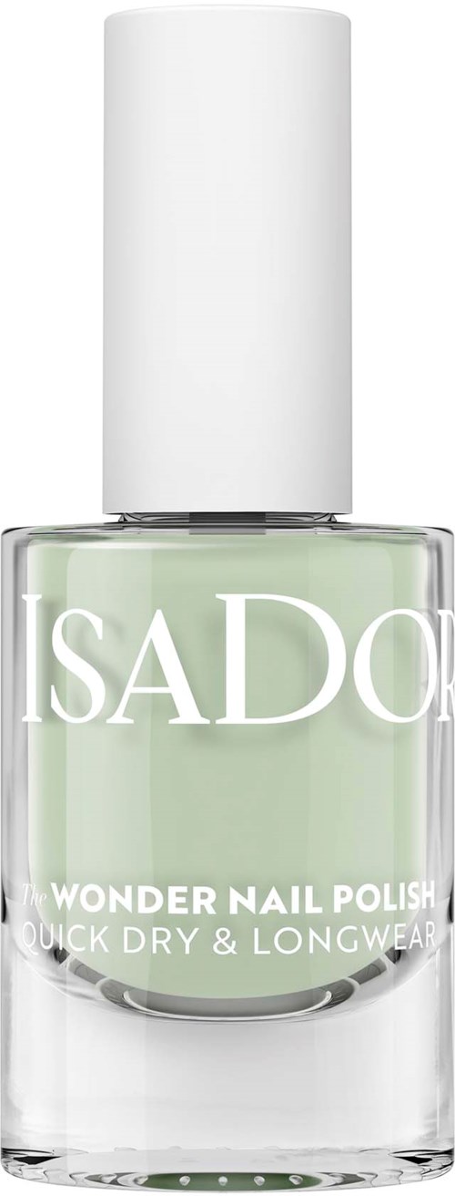 A light green nail polish bottle with white lettering and a white cap.