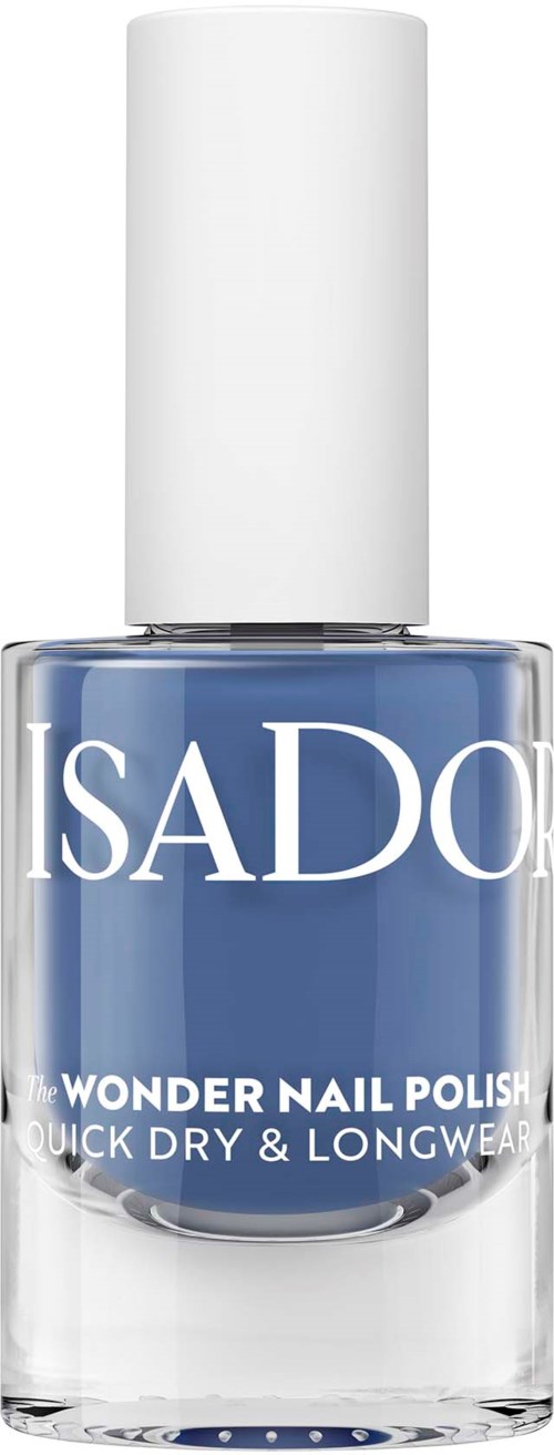 Blue nail polish bottle with white cap, labeled 'ISADORE' and 'WONDER NAIL POLISH'.