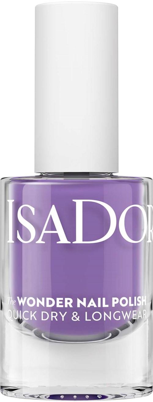 A purple nail polish bottle with a white cap and white text that says ISADORE, Wonder Nail Polish, quick dry.