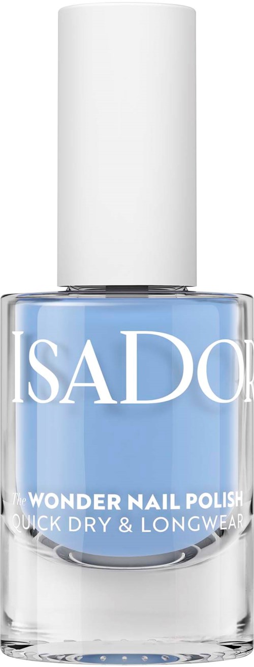 A clear glass bottle of SADO Wonder Nail Polish in light blue, with a white cap and white text.
