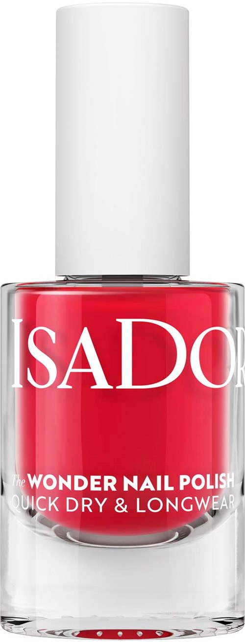 Red nail polish bottle labeled ISADORE, with white cap and text, promises quick drying and long wear.