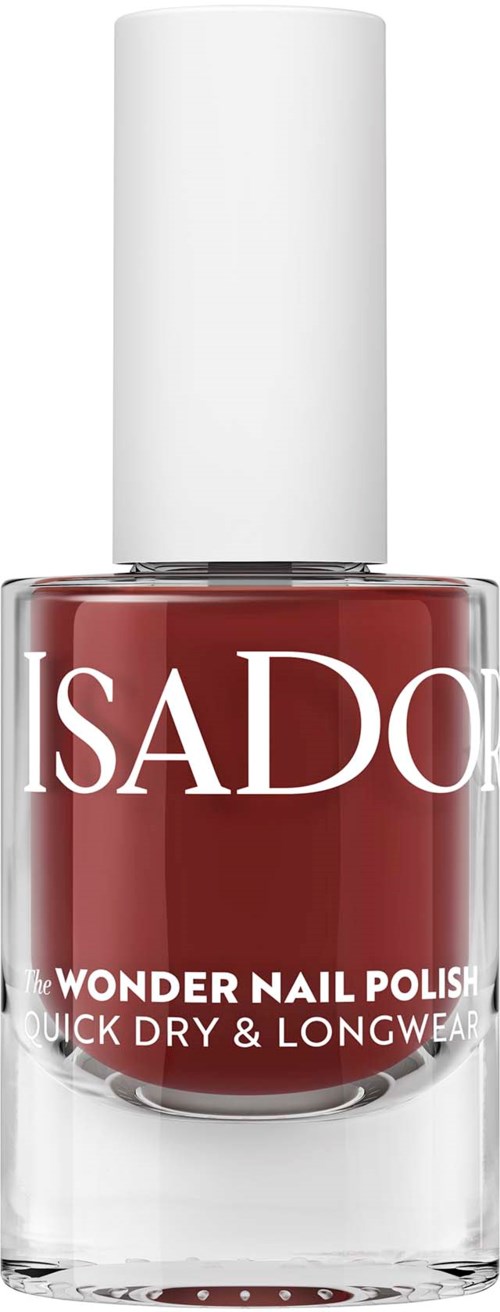 Red nail polish in a clear bottle with a white cap. The brand is ISADORE, and it says 'Wonder Nail Polish' on the label.