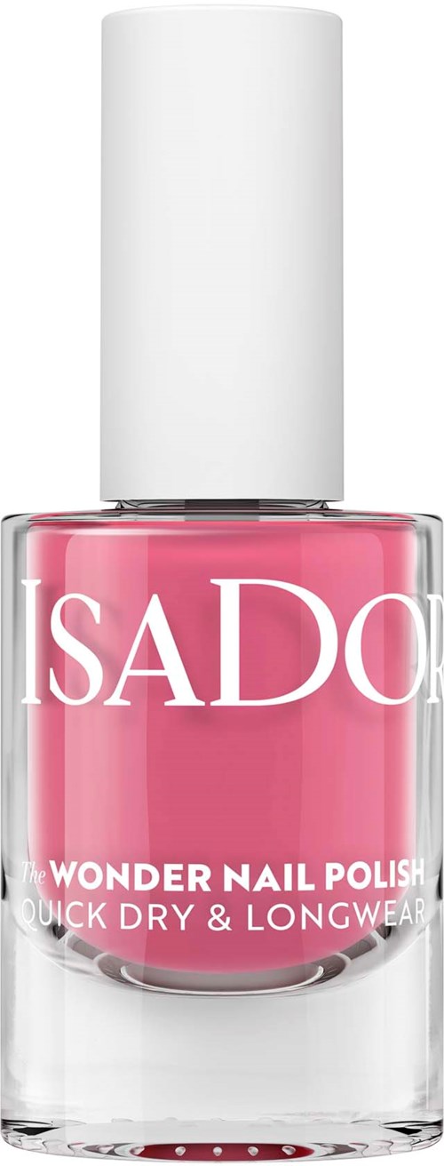 A pink nail polish bottle with a white cap and clear glass, displaying the brand and product details.