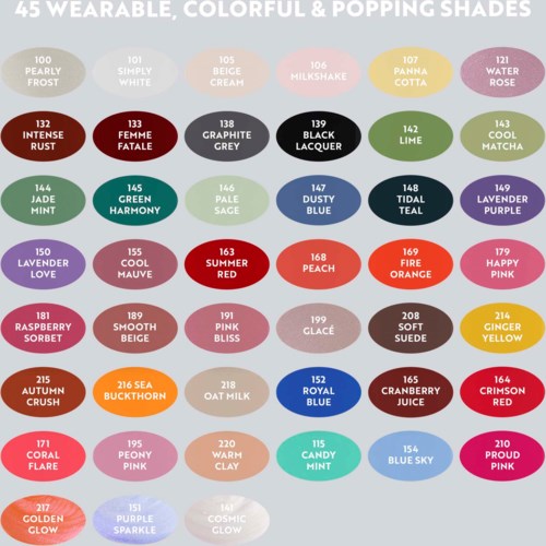 Colorful palette with names of shades and their colors, arranged in rows and circles.