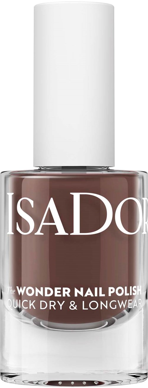 A brown nail polish bottle with a white cap, labeled 'I SADO' and 'WONDER NAIL POLISH' for quick, dry long wear.
