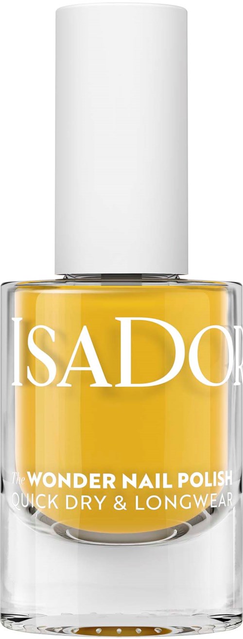 A yellow nail polish in a clear glass bottle with a white cap, labeled 'SADO Wonder Nail Polish'.