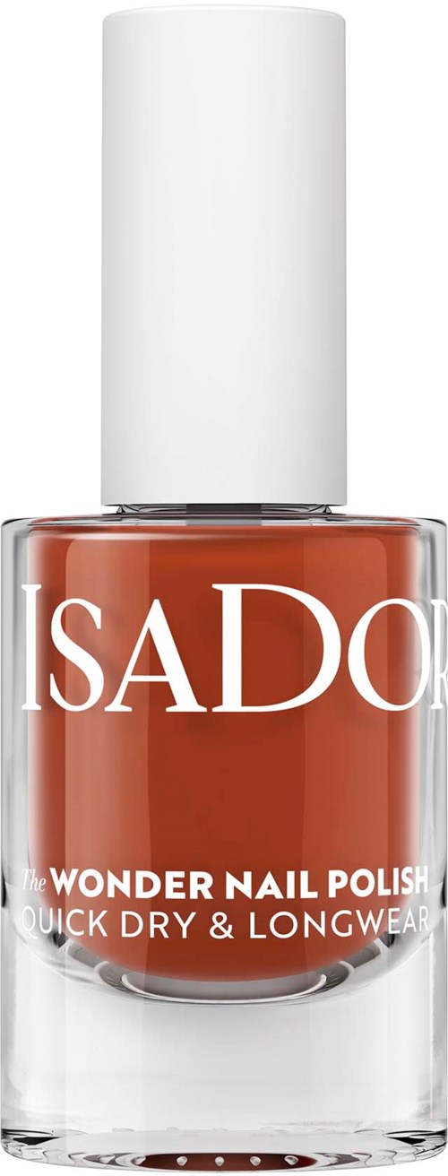 A bottle of ISADORE Wonder Nail Polish, orange color, with white cap, labeled quick dry and longwear.