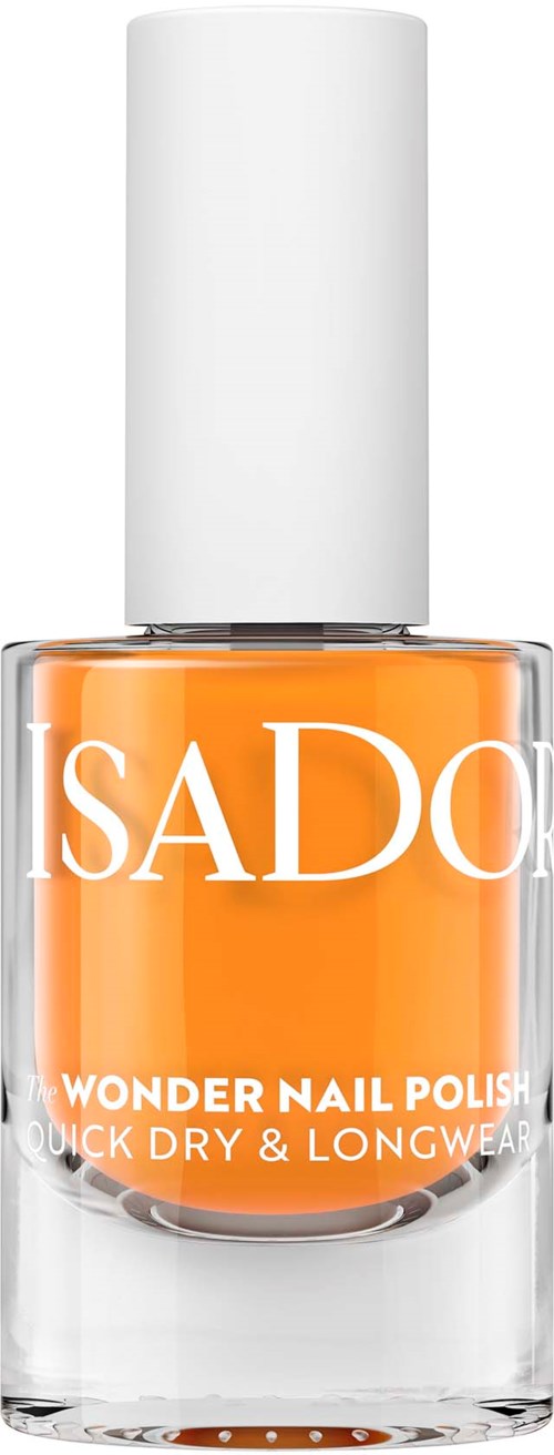 A bottle of orange nail polish with a white cap and brand name 'ISADO'.