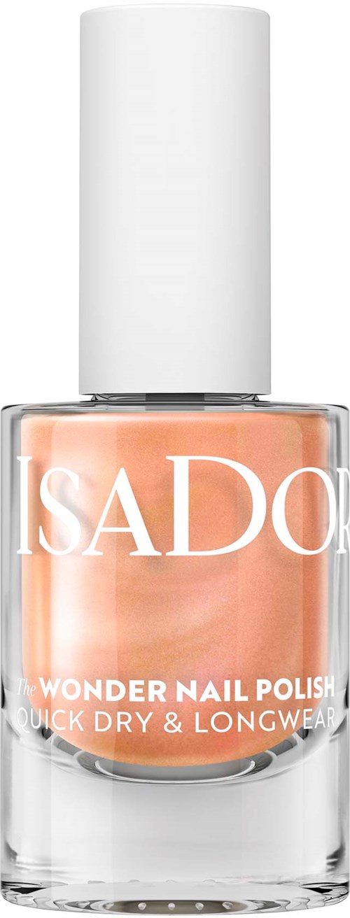 A nail polish bottle with a white cap and peach-colored liquid inside, labeled as 'I SADO Wonder Nail Polish.'