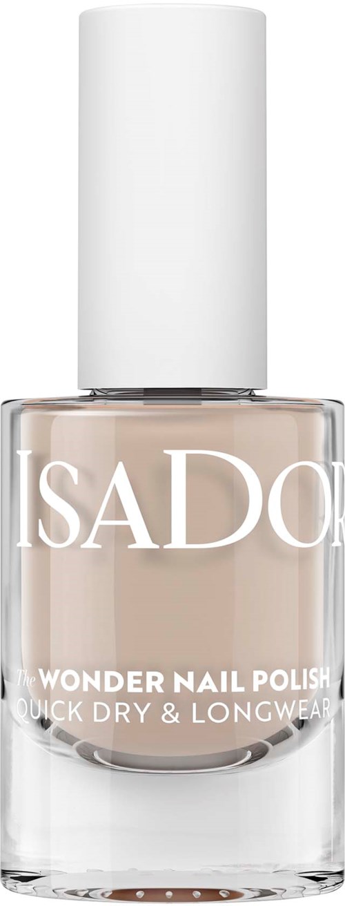 A clear nail polish bottle with white cap, labeled 'SADO Wonder Nail Polish,' showing color inside.
