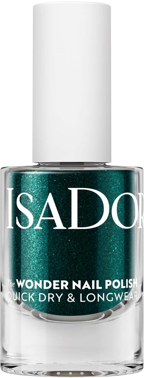 En flaske med ISADORA Wonder Nail Polish i en sjøgrønn, glitrende nyanse med hvit topp, merket hurtigtørkende og langvarig.