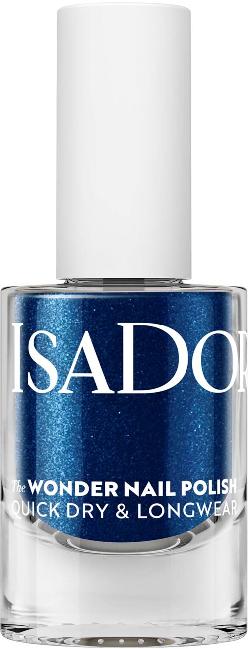 Blå neglelakk i en gjennomsiktig glassflaske med hvit lokk, merket ISADORE Wonder Nail Polish.