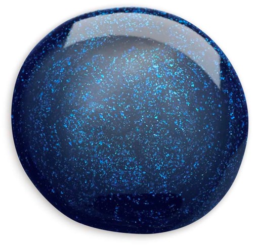 En rund blå neglelakk med glitter, som viser en blank og glitteraktig overflate.