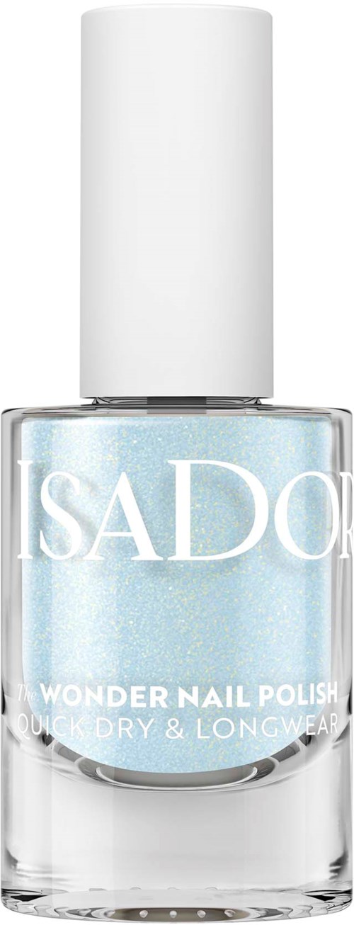 En klar neglelakkflaske med hvit lokk, merket ISADORE Wonder Nail Polish, lys blå farge, rasktørkende og langvarig.