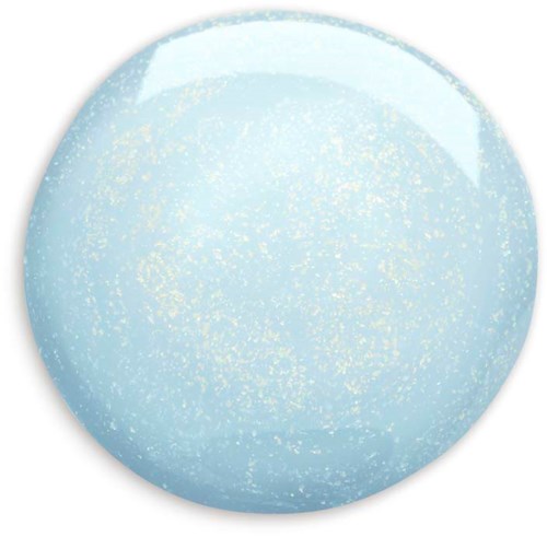 En rund, lyseblå kosmetisk vare med glitteraktig, skinnende overflate.