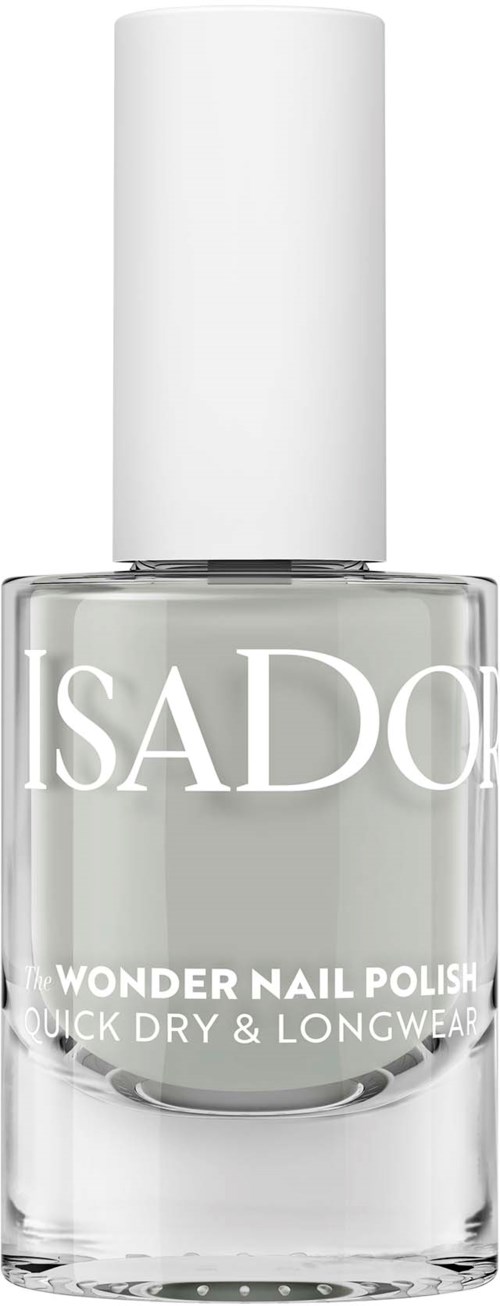 En klar neglelakkflaske med hvit lokk, merket Wonder Nail Polish, rask tørk og langvarig av Isadora.