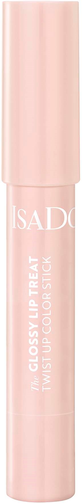 Een roze lipgloss-stift met witte tekst en ronde dop.