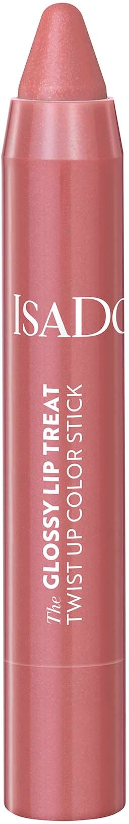 Ein rosa Lippenstift in Bleistiftform mit weißen Text, gekennzeichnet "IsaDORA" und "The Glossy Lip Treat".