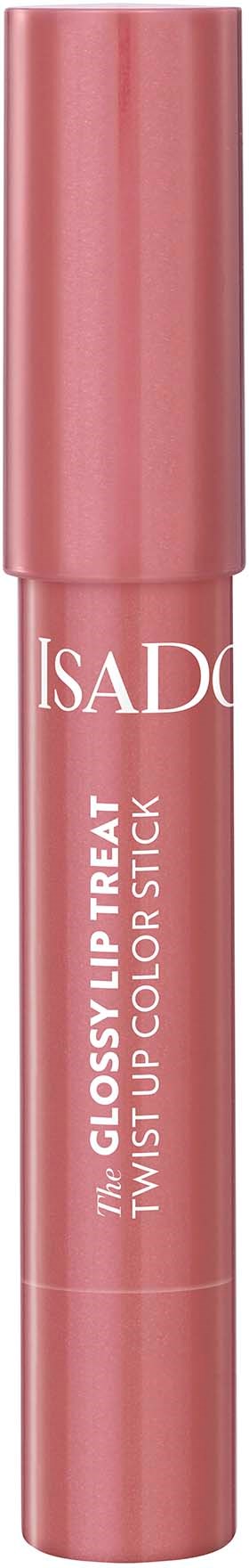 Ein rosa Lippenstiftstift mit weißen Text, Marke Isad, genannt Glossy Lip Treat.