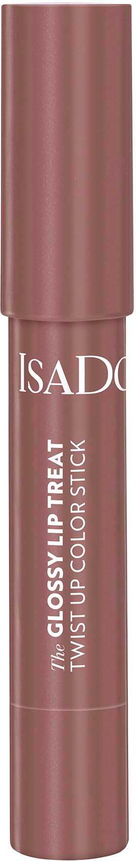 Ein rosa Lippenpflege-Stift mit weißen Text, beschriftet 'ISAD' und 'Glossy Lip Treat.'