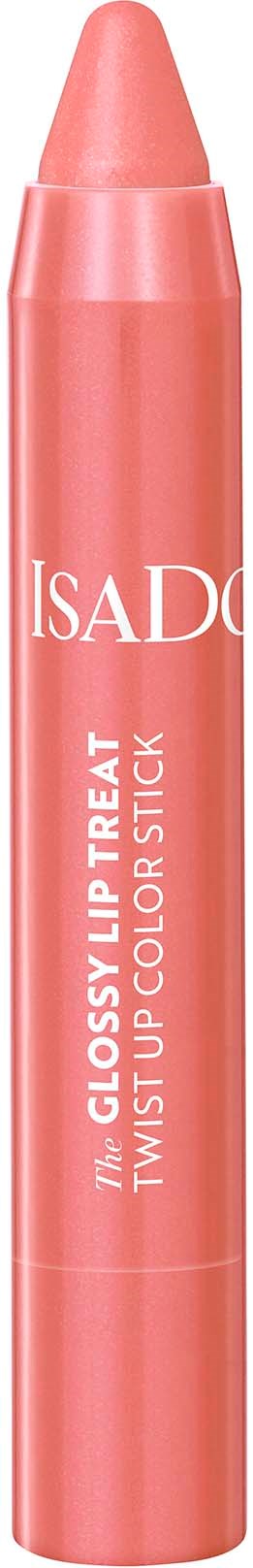 Ein rosa Lippenpflege-Stift mit weißen Text, Marke IsaDora, genannt Glossy Lip Treat Twist Up Color Stick.
