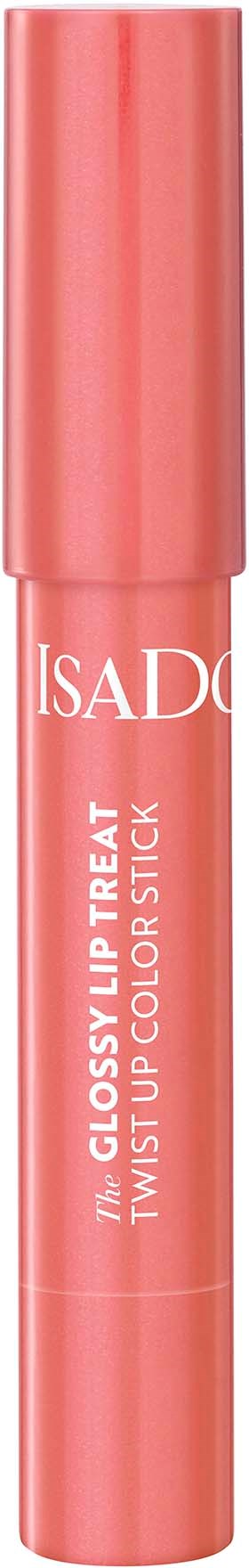 Ein pinkfarbener Lipgloss-Stift mit weißem Text, der 'Glossy Lip Treat' und 'Twist Up Color Stick' sagt.