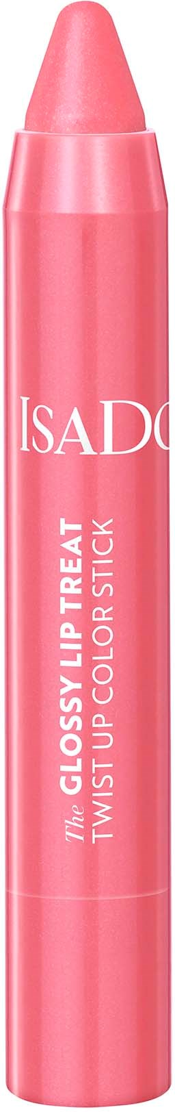 Roze lipgloss-stift met witte tekst, merk IsaDora, voor kleurrijke lippen.