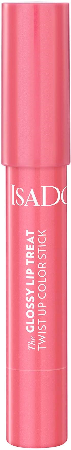 Roze lippenbalsemstick met witte tekst, gelabeld "IsaD" en "Twist Up Color Stick."