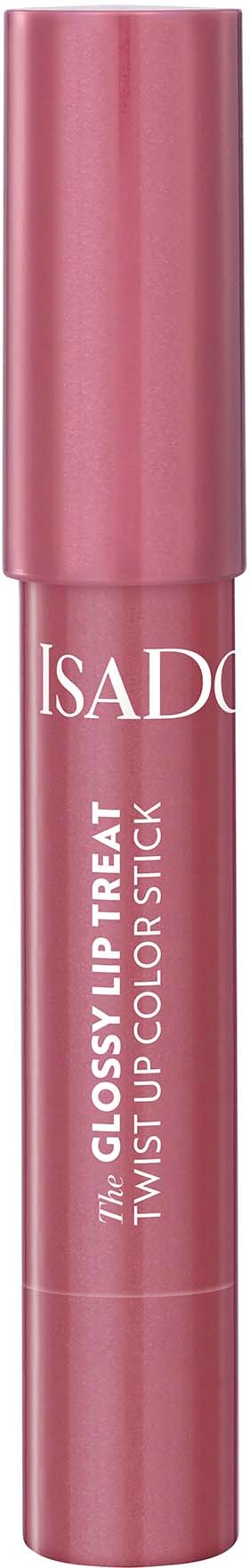 Een roze lipglossstick met witte tekst, genaamd IsaD. Het heet Glossy Lip Treat.