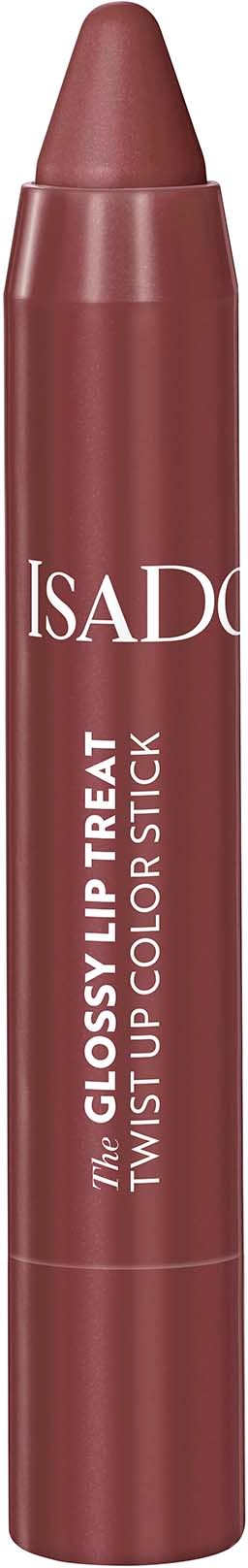 A brown lip balm stick labeled IsaDó Glossy Lip Treat with white text, standing vertically.