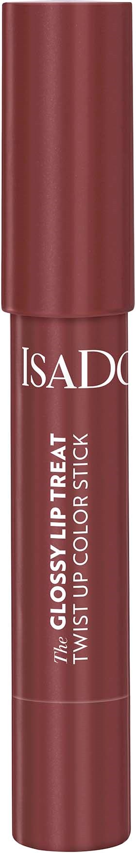 A lipstick tube in reddish-brown color with white text, brand name ISA DOU, and product description for lip gloss.